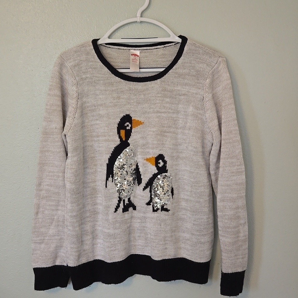 Holiday Time | Gray Sparkly Penguin Sweater Size Large